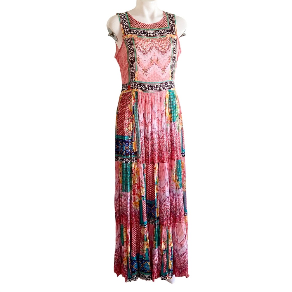 Bhanuni by Jyoti Anthropologie Mixed Patchwork Beaded Maxi Dress Pink Red Sz 10